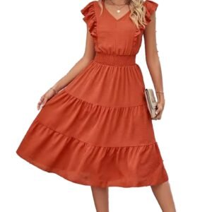 Model wearing rust tiered midi ruffled sleeveless summer dress with V neck smocked waist and sandals