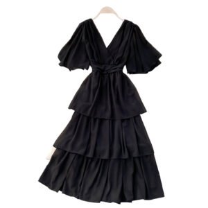 LuckeLadybug black fit and flare sexy backless flare dress with V back and tiered ruffle skirt