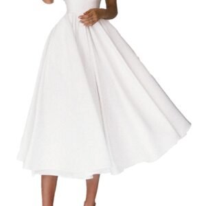 White midi sexy v-neck summer dress with spaghetti straps and full flared skirt on model wearing strappy heels