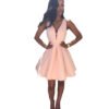 LuckeLadybug blush pink v-neck sleeveless cocktail mini dress with fitted waist pleated skirt model wearing heels