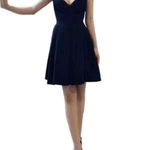 LuckeLadybug black empire waist dress with straps and flared skirt on model v-neck waist cut dress