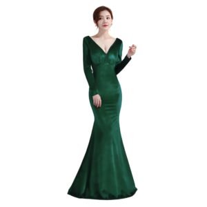LuckeLadybug emerald green velvet mermaid evening dress with deep V neckline long sleeves fitted silhouette