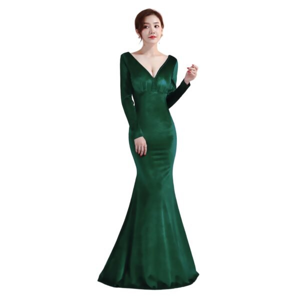 LuckeLadybug emerald green velvet mermaid evening dress with deep V neckline long sleeves fitted silhouette