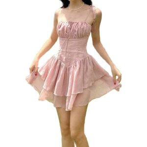 Pink layered mini womens bustier A-line dress with ruched corset bodice and spaghetti tie straps