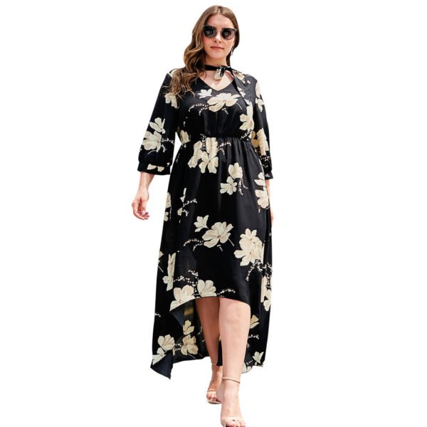 LuckeLadybug black floral irregular plus size dress with three-quarter sleeves and high-low hem