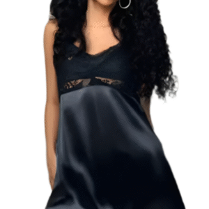 LuckeLadybug black lace lingerie dress babydoll with satin skirt and lace bodice on model