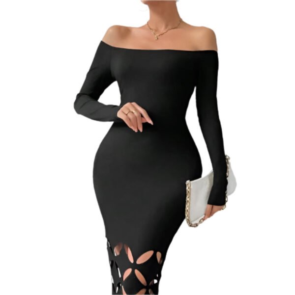 Shoulder Cut Out Maxi Dress Elegant Black 2 Shoulder Cut Out Maxi Dress Elegant Black Elegant black shoulder cut out maxi dress with long sleeves and floral cutout hem detail