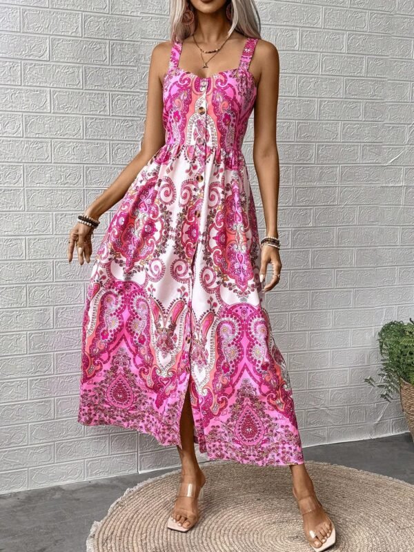 LuckeLadybug bohemian maxi dress for women in pink and white paisley print with sleeveless design