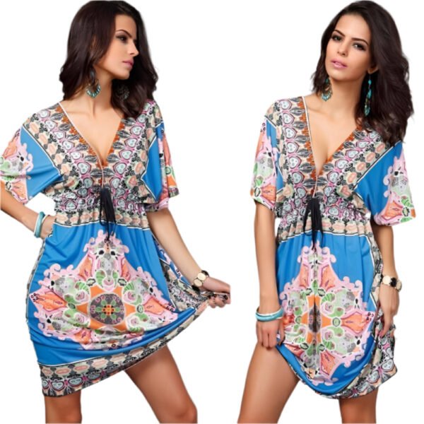 LuckeLadybug casual boho mini dress with colorful floral patterns and a deep V neckline