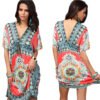 LuckeLadybug casual boho mini dress with colorful geometric pattern and deep V neckline