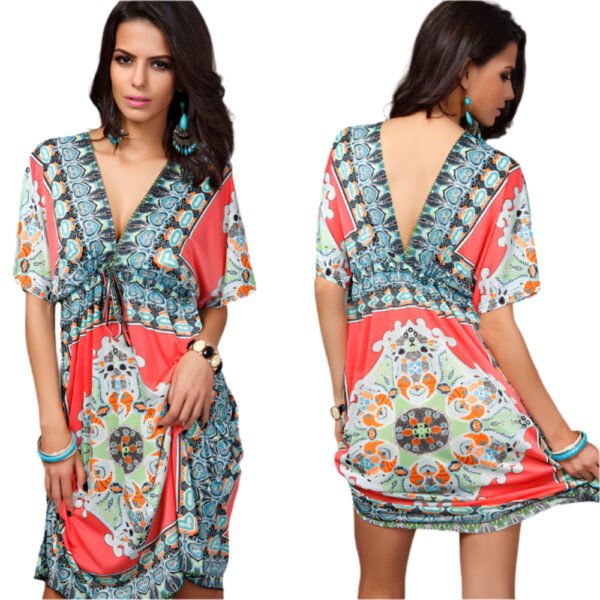 LuckeLadybug casual boho mini dress with colorful geometric pattern and deep V neckline
