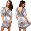 LuckeLadybug casual boho mini dress with black and pink floral pattern and deep V neckline
