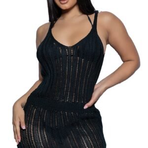 LuckeLadybug LLC model wearing a black crochet mini dress swim cover up with scoop neckline