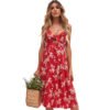 LuckeLadybug red floral bow tie suspender maxi dress with cutout and sleeveless design