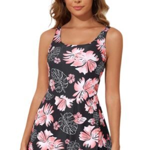 LuckeLadybug LLC twisted back swimsuit dress floral print beach dress with pink and black colors