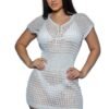 LuckeLadybug LLC model wearing white mesh mini dress swimwear cover up over white bikini with short sleeves