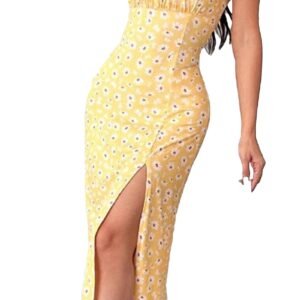 LuckeLadybug yellow daisy midi dress with side slit model holding drink white sneakers handbag leopard print sheath dress