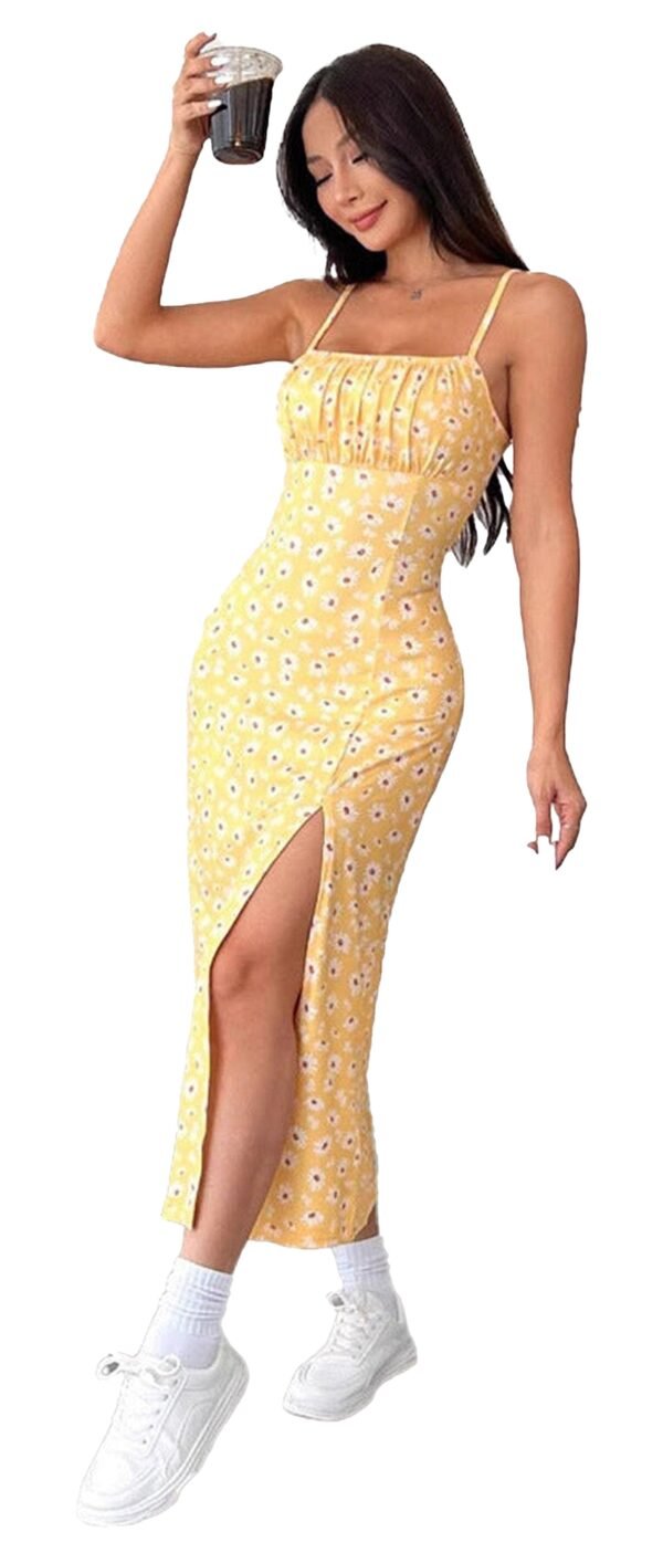 LuckeLadybug yellow daisy midi dress with side slit model holding drink white sneakers handbag leopard print sheath dress