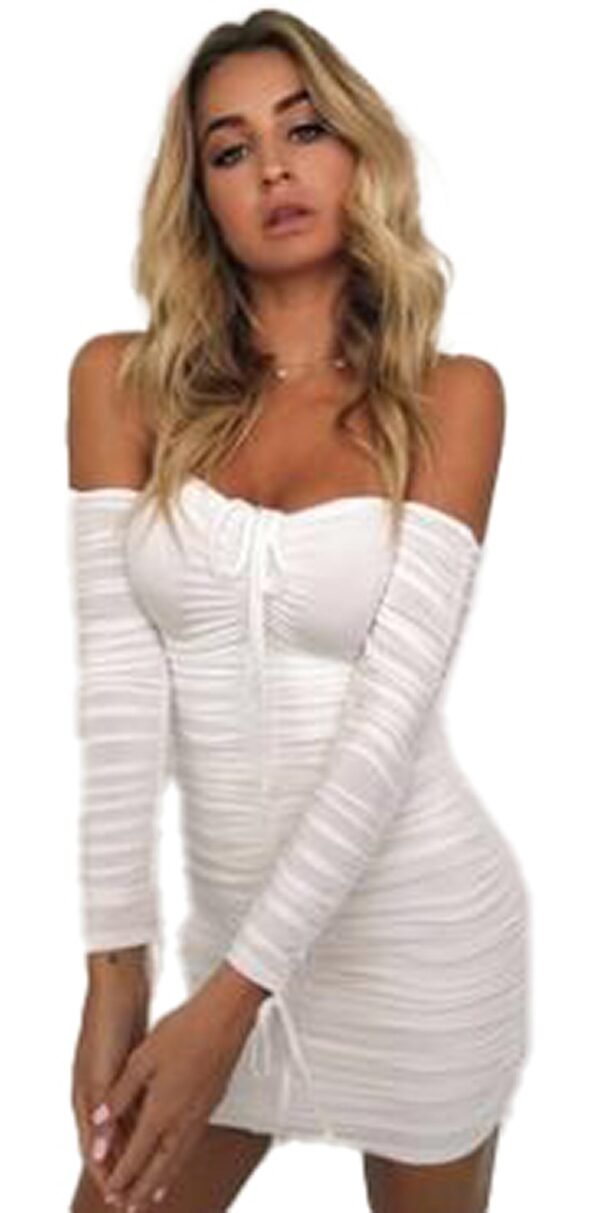 Sexy Off Shoulder Bandage Dress White Ruched 1 Sexy Off Shoulder Bandage Dress White Ruched White sexy off shoulder bandage dress on model with long ruched sleeves and bodycon mini fit