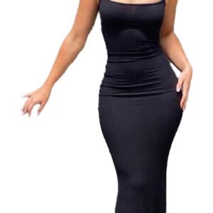 sexy spaghetti strap bodycon dress in black on model floor length fitted evening gown with pink and gray color thumbnails