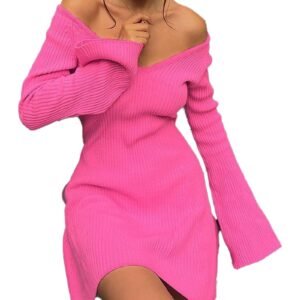 Woman wearing LuckeLadybug sexy slim V-neck knitted dress in bright pink ribbed knit with off shoulder fit