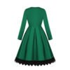 LuckeLadybug retro swing dress green long sleeve pleated skirt back view with black lace hem and back zipper