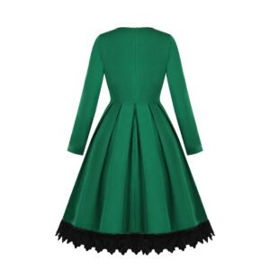 LuckeLadybug retro swing dress green long sleeve pleated skirt back view with black lace hem and back zipper