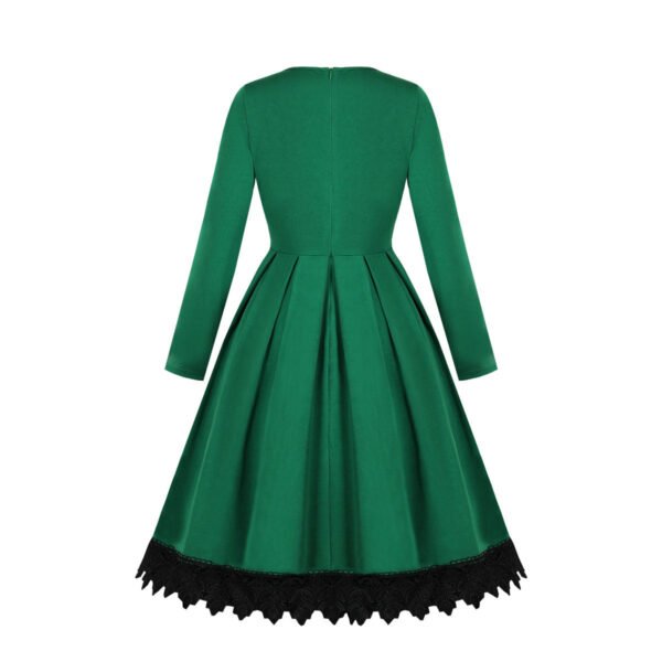 LuckeLadybug retro swing dress green long sleeve pleated skirt back view with black lace hem and back zipper