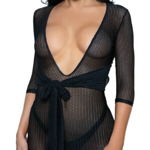 LuckeLadybug LLC black sheer beach cover up dress with deep V neckline tie waist and three quarter sleeves