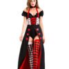 Queen Of Hearts Dress Halloween Costume with red black corset gown heart appliques crown and mismatched harlequin thigh highs