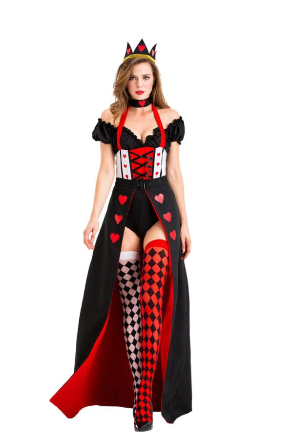 Queen Of Hearts Dress Halloween Costume 2 Queen Of Hearts Dress Halloween Costume Queen Of Hearts Dress Halloween Costume with red black corset gown heart appliques crown and mismatched harlequin thigh highs