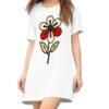 Woman wearing a cute flower t-shirt dress in white with a large red and cream flower graphic