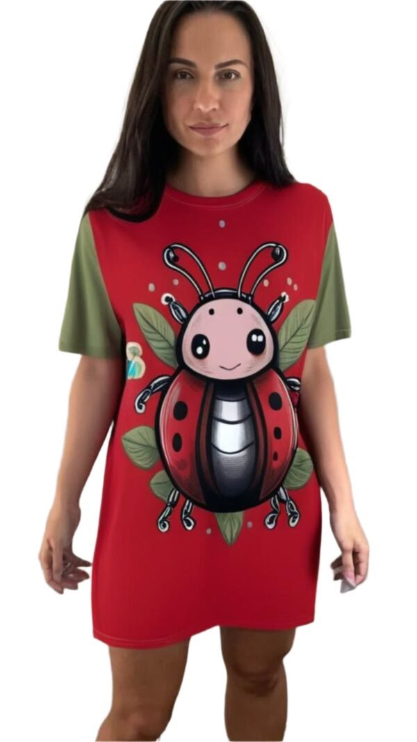 Cute Ladybug T-Shirt Dress For Women 2 Cute Ladybug T-Shirt Dress For Women Luckeladybug cute ladybug dress T-shirt dress with large ladybug graphic on red and green short sleeves