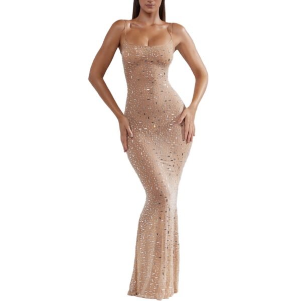 LuckeLadybug nude fitted gown with spaghetti straps and scattered sequins floor length mermaid sequin evening dress