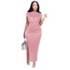 Plus size summer dresses for women in pink midi style with side slit and ruched waist