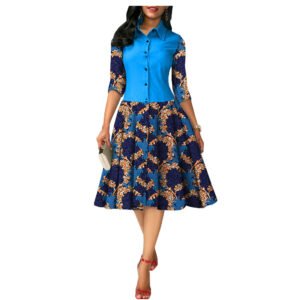 African summer dress for women blue collared button top with three quarter sleeves and flared patterned skirt and clutch