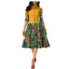 Collared mustard button front bodice with green and blue Ankara print flared skirt African summer dress for women