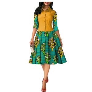 LuckeLadybug African summer dress for women mustard button shirt bodice with teal Ankara tree print skirt
