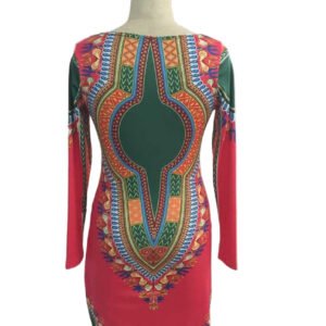 LuckeLadybug long sleeve mini dress with bold African totem print dress in red and green on mannequin