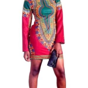 LuckeLadybug mini dress model wearing a red and green African totem print dress with long sleeves and clutch
