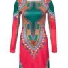 LuckeLadybug African totem print dress long sleeve vibrant pink and green fitted mini dress with dashiki pattern