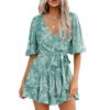 Floral V-Neck Flare Sleeve Belted Mini Dress 3 Floral V-Neck Flare Sleeve Belted Mini Dress LuckeLadybug green floral wrap flare sleeve belted mini dress with v neck tie waist and layered ruffle skirt
