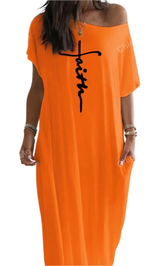 Orange super loose casual dress for women with faith print and off shoulder design by LuckeLadybug