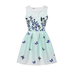 LuckeLadybug blue printed a-line dress sleeveless floral bodice with scattered butterfly skirt in light aqua for summer events