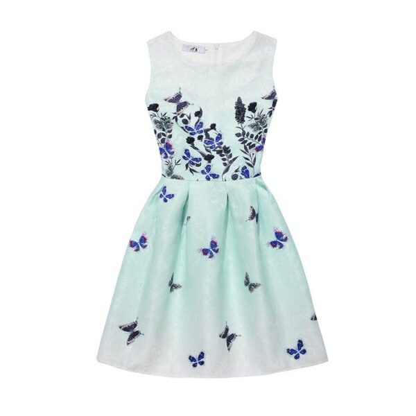 LuckeLadybug blue printed a-line dress sleeveless floral bodice with scattered butterfly skirt in light aqua for summer events