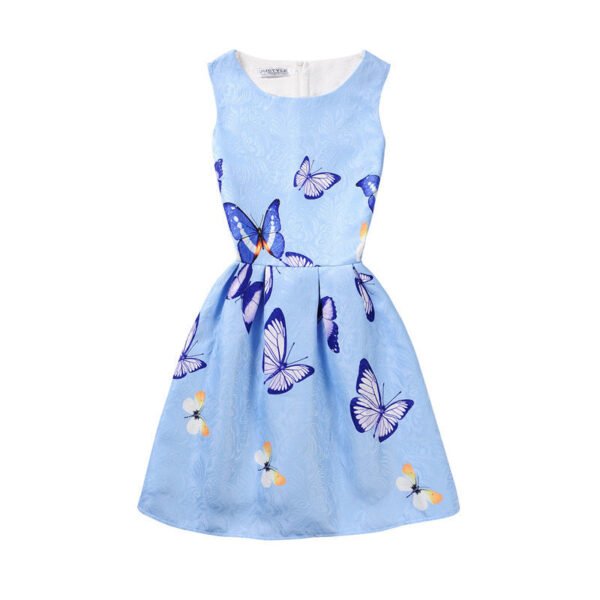 LuckeLadybug sleeveless blue printed a-line dress with butterfly print and fitted waist for casual wear
