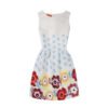 LuckeLadybug blue printed a-line dress white sleeveless fit and flare with small blue flowers and bold multicolor floral hem