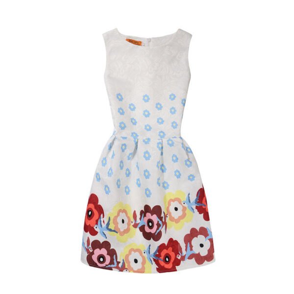 LuckeLadybug blue printed a-line dress white sleeveless fit and flare with small blue flowers and bold multicolor floral hem