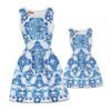 LuckeLadybug sleeveless blue printed a-line dress mother and daughter matching set white background ornate blue tile pattern