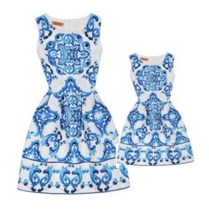 LuckeLadybug sleeveless blue printed a-line dress mother and daughter matching set white background ornate blue tile pattern